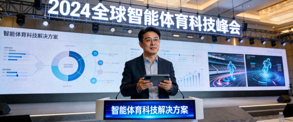 科技峰会现场，主讲人在台上介绍智能体育科技解决方案